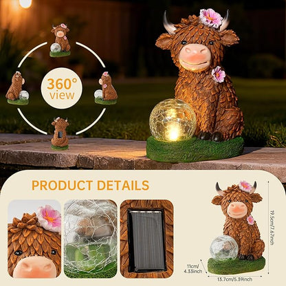 Garden Highland Cow Statue Solar Outdoor Decor with Glass Ball Highland Cow Decor Unique Gifts for Women Mom,Highland Cows Figurine for Yard Garden Patio Lawn Ornaments