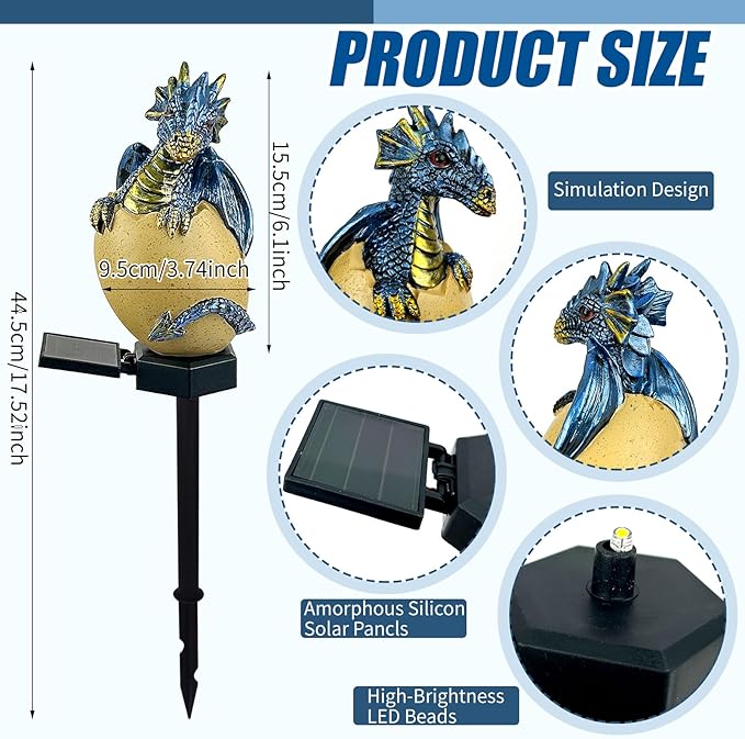 Solar Dragon Garden Decor Dragons Gifts for Women- Dragon Statue Outdoor with Egg Light Lawn Ornaments Solar Egg Lights for Easter Outside Yard Whimsical Art Outdoor Medieval Decor (Blue)