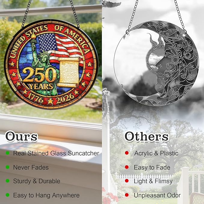 250th Anniversary USA Suncatcher - Patriotic Stained Glass Window Hanging for 4th of July Decorations - Vibrant Independence Day Decor for Home & Garden, Perfect 250 Anniversary USA Merchandise Gift