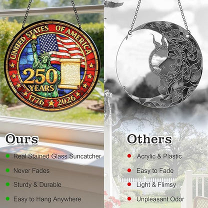 250th Anniversary USA Suncatcher - Patriotic Stained Glass Window Hanging for 4th of July Decorations - Vibrant Independence Day Decor for Home & Garden, Perfect 250 Anniversary USA Merchandise Gift