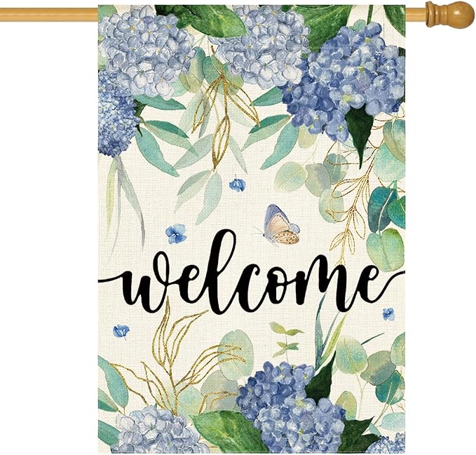 AVOIN colorlife Spring Hydrangea Flowers House Flag 28 x 40 Inch Double Sided, Seasonal Welcome Yard Outdoor Flag