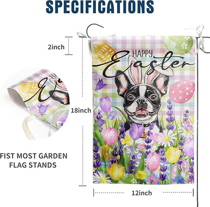 Happy Easter Dog Garden Flag Boston Terrier Spring Flags Buffalo Plaid Bunny Eggs Yard Flag for Outside 12x18 Double Sided Small Decorative Floral Outdoor Flag