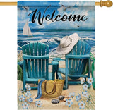Hzppyz Welcome Summer Beach Coastal Nautical House Flag Double Sided, Ocean Blue Sea Myosotis Sylvatica Chairs Decorative Garden Yard Outdoor Large Decor, Burlap Home Outside Decoration 28 x 40