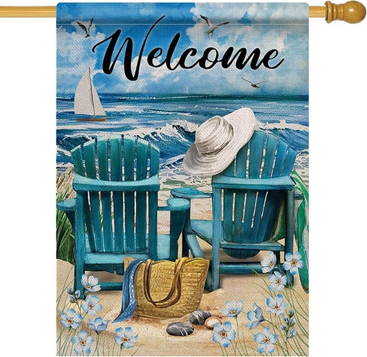 Hzppyz Welcome Summer Beach Coastal Nautical House Flag Double Sided, Ocean Blue Sea Myosotis Sylvatica Chairs Decorative Garden Yard Outdoor Large Decor, Burlap Home Outside Decoration 28 x 40