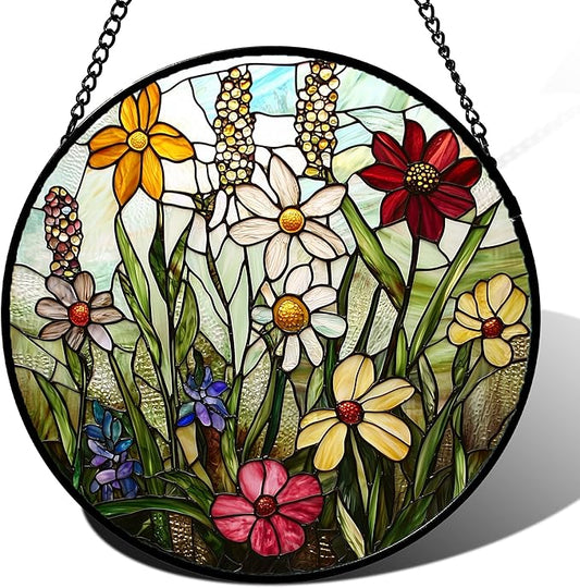 DASTOLL Stained Glass Window Hanging, Colorful Wildflowers Plant Scenery Suncatcher for Doors Window Home White Green Sun Catchers Decor Mother's Day Birthday Gifts for Women, Men Mom 15 in
