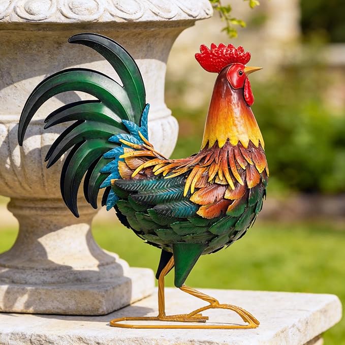 Ratuor Metal Rooster Decor Garden Statue,Chicken Yard Art Decoration Outdoor Sculpture for Backyard Patio Kitchen Lawn Ornaments,Birthday Housewarming Gifts for Women Mom