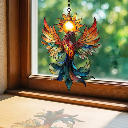 Vivid Phoenix with Sun Mosaic Acrylic Suncatcher Stained Glass Effect Window Car Hanging Christmas Ornament Indoor Outdoor Decor Garden Sun Catcher Panel for Boho Lover for Women Mom Grandma