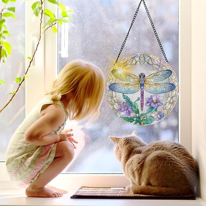 Bimkole Dragonfly Stained Glass Suncatcher Window Hanging - Flower Indoor Window or Doorway Decoration - Handmade Sun Catcher Decor for Garden Home Christmas & Birthday Gifts 7.87x7.87 inch