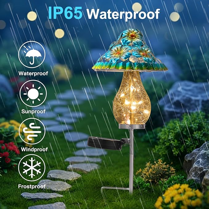 LOVERUIS Mushroom Garden Decor for Outside with Cracked Ball Waterproof Metal Stake Outdoor Yard Patio Decor, Gifts for Women, Mom, Grandma (ARS-Mushroom Blue)