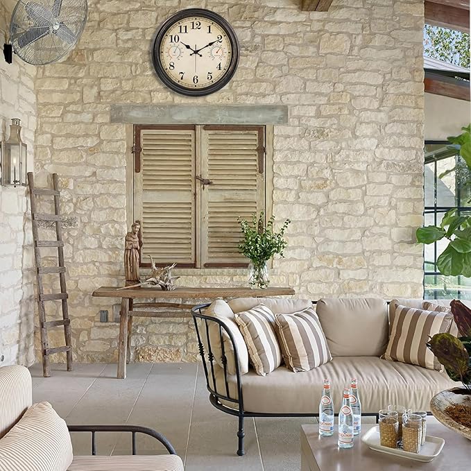 16 Inch Large Outdoor Clock with Thermometer and Hygrometer Combo, Waterproof Indoor Outdoor Wall Clocks for Patio, Pool, Garden, Backyard Decor- Retro Bronze