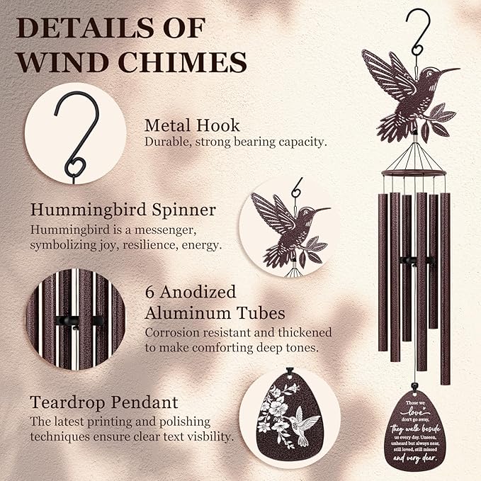 Memorial Wind Chimes for Loss of Loved One, Hummingbird Wind Chimes,Sympathy Gifts for Loss of Loved One, Bereavement Gifts Idea,Home Decor Outdoor Garden Patio (37 in) (Those We)