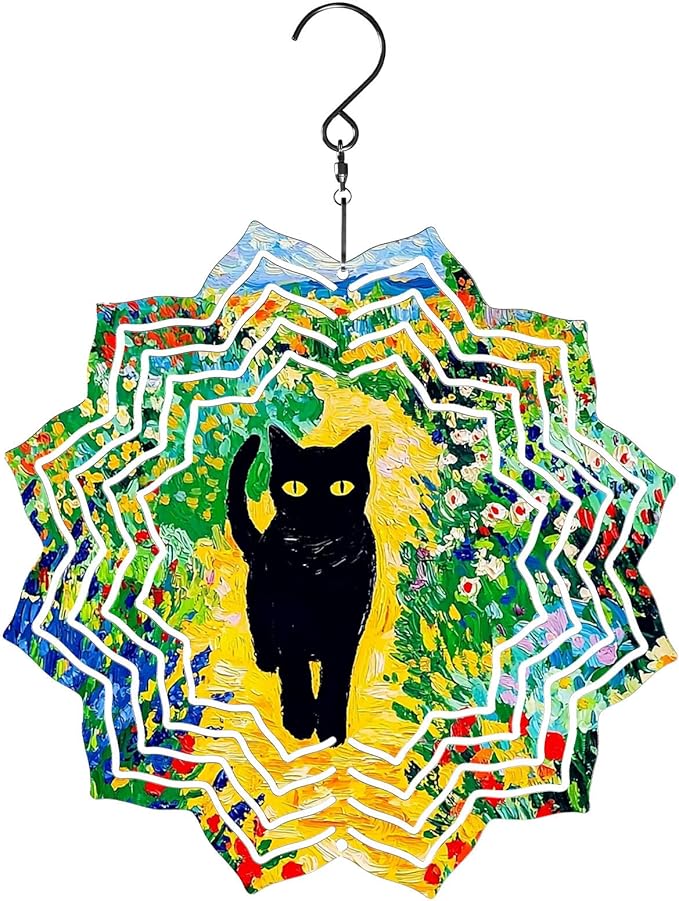 8 Inch Sublimation Wind Spinner, 3D Aluminum Metal Wind Spinner with Hook, Indoor Yard Garden Hanging Decoration, Weather Resistant Rotating Spiral Ornament, Black Cat in Flowers