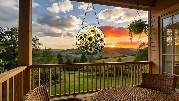 Stained Glass Window Hanging - Sunflowers Pattern 6.3 Inches Suncatcher for Garden Home Decor for Women Mon Grandma Friends