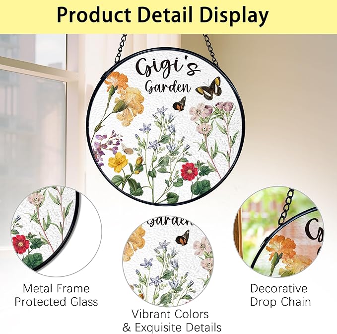 TNUW Gigi Gifts Stained Glass Window Hanging, Best Grandma Gifts from Grandkids Sun Catchers Indoor Window Glass Round Wall Art Decor, Gigi's Garden Wall Hanging Decorations, 7.9＂x7.9＂