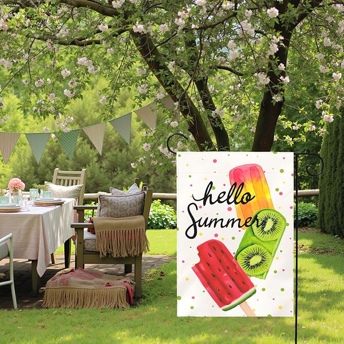 Hello Summer Garden Flag Colorful Popsicle Ice Cream Outdoor Yard Flags Lawn Porch Patio Summer Party Pool Decor Watermelon Kiwi Fruit Theme Seasonal House Banners Home Decoration 12x18 Inch