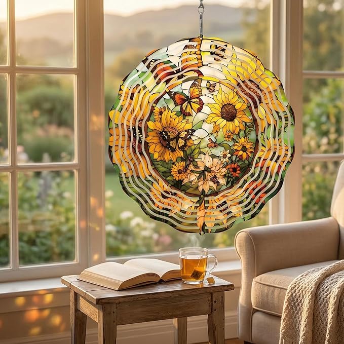 Metal Wind Spinners Outdoor Sunflower Decorations Garden Hanging, Festive Gifts for Women Mom Grandma, 25cm/ 9.84in 3D Wind Spinners for Garden Decor for Patio,Yard,Outdoor