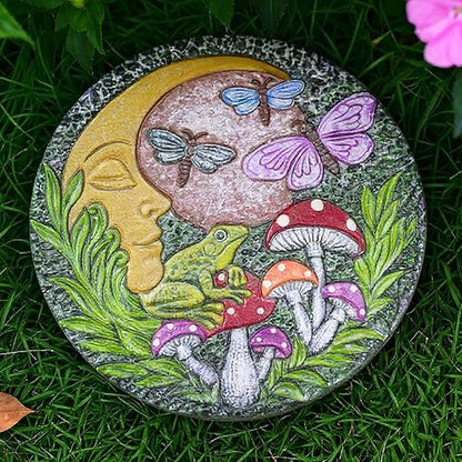 Hapjoy Stepping Stones Outdoor for Garden Moon Frog Mushroom Butterfly Decorative Stepping Stones Walkway Round Stone Garden Decor for Pathway Lawn (Green)