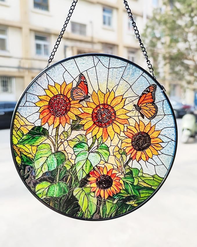 Sunflower Stained Glass Window Hanging Suncatcher, Round Floral Panel with Butterfly, Colourful Window Decor for Home Garden Conservatory Wall, Nature Lover Gift for Mum Grandma
