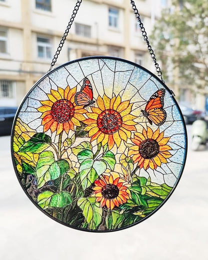 Sunflower Stained Glass Window Hanging Suncatcher, Round Floral Panel with Butterfly, Colourful Window Decor for Home Garden Conservatory Wall, Nature Lover Gift for Mum Grandma
