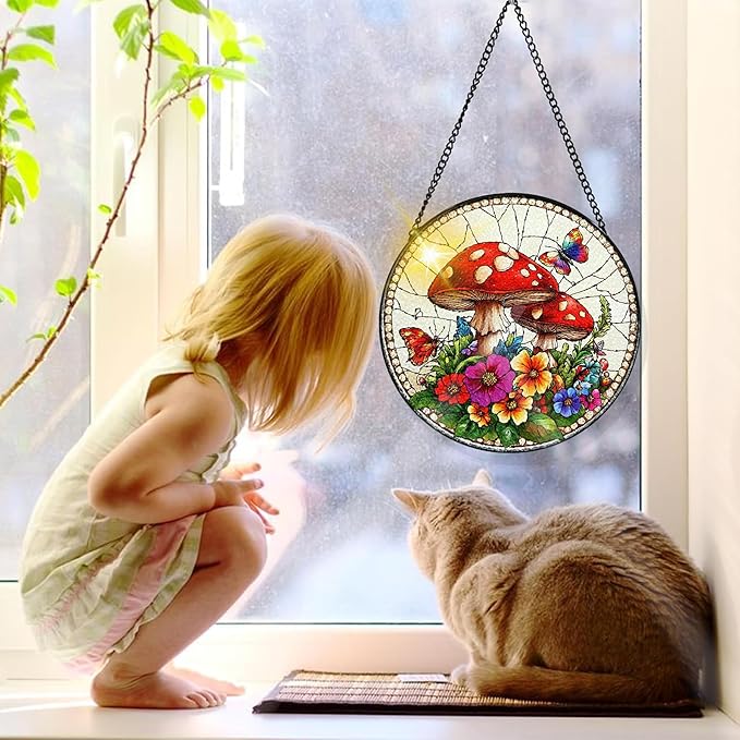 Bimkole Mushroom Stained Glass Suncatcher Window Hanging - Flowers Design for Indoor Window or Doorway Decoration - 7.87x7.87 inch with Chain and Hook - Unique Home Decor Gift