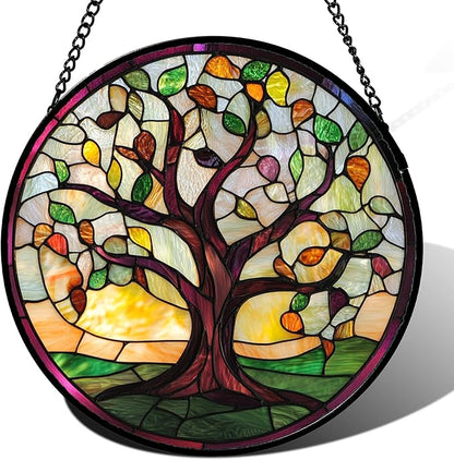Stained Glass Window Hanging Colorful Tree of Life 9.8" - Green Suncatcher Door Garden Sun Catcher Home Decor Birthday Christmas for Mom Men Woman Nana Wife Friend
