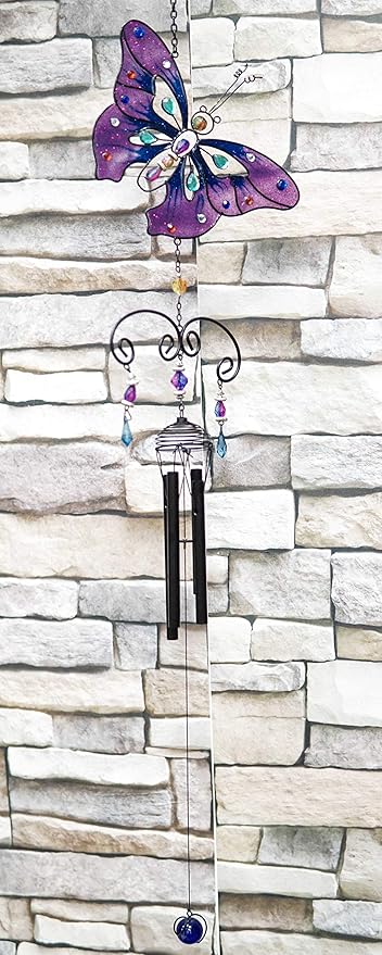 Ebros Gift Colorful Stained Glass Flitting Purple Mariposa Butterfly with Gems and Copper Metal Wind Chime 34.75" Long Resonant Noisemaker Mobile Outdoor Patio Garden Decor Accessory