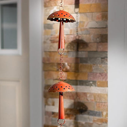 Evergreen Garden 6 Ft Rain Chain Outdoor Downspout Alternative – Red Mushroom Gutter Decoration for Porch, Yard, or Patio – Rustic Copper Look Water Feature for Home or Garden Decor