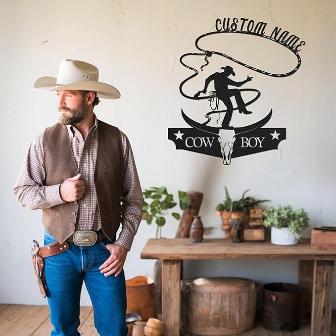 Personalized Cowboy Metal Sign, Custom Metal Sign, Vintage Cowboy Wall Decor, Rustic Name Plaque, Rustic Western Wall Art