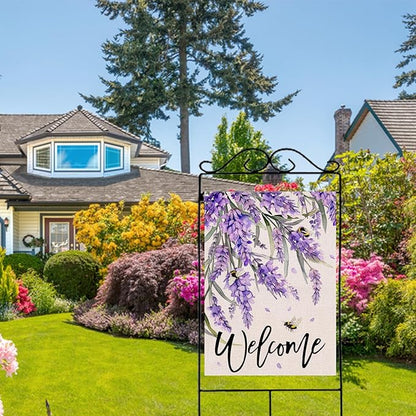 Welcome Spring Lavender Decorative House Flag, Purple Floral Flowers Bee Garden Yard Outside Decorations, Summer Farmhouse Outdoor Large Home Decor Double Sided 28 x 40