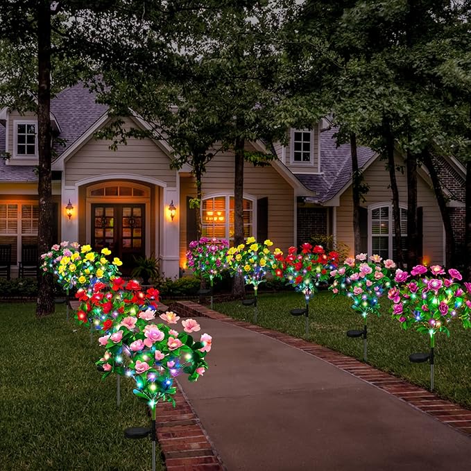 Ouddy Decor 4 Pack Solar Garden Lights, Solar Azalea Flowers with 56 Colorful LED Upgrade Waterproof Pathway Lights for Yard Decor Fence Patio Lawn Decor Mothers Day Gardening Gifts