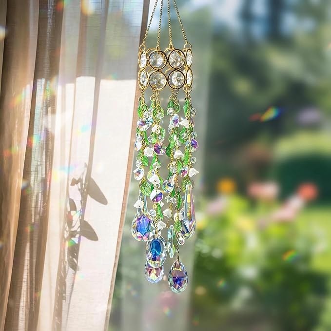 HDCRYSTALGIFTS 15.5 Inch Crystal Suncatcher for Window Hanging Gold-Plated Glass Wind Chimes Sun Catcher with Leaf Flower Beads Chain Rainbow Maker Spring Ornaments for Indoor Outdoor Garden