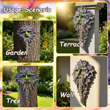 7.9" Real Tree Face Hugger Statue, Garden Whimsical Resin Statues with Foliage Features, Outdoor Fairy Elve Accent Yard Art, Halloween Trees Decorations Outdoor Wall Mounted Statue