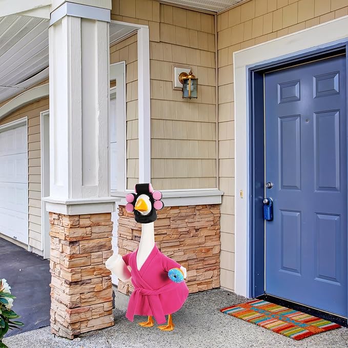 Shyyween Lady Porch Goose Outfits for 23'' Cement Plastic Geese Statue Clothes Hot Pink Bathrobe Curlers Coffee Cup for Outdoor Garden Lawn Yard Patio Decoration