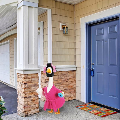 Shyyween Lady Porch Goose Outfits for 23'' Cement Plastic Geese Statue Clothes Hot Pink Bathrobe Curlers Coffee Cup for Outdoor Garden Lawn Yard Patio Decoration