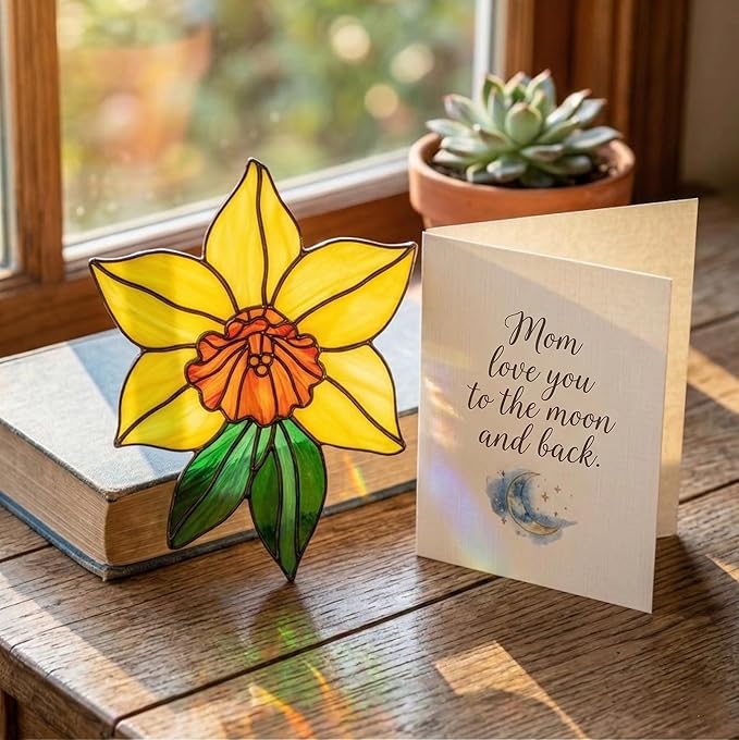 Daffodil March Birth Month Flower Handmade Resin Suncatchers, Artisan Sun Catcher, Flower Suncatchers for Window Hanging, Garden Decor, Gift for Mother's Day Mom Women Grandma Wife