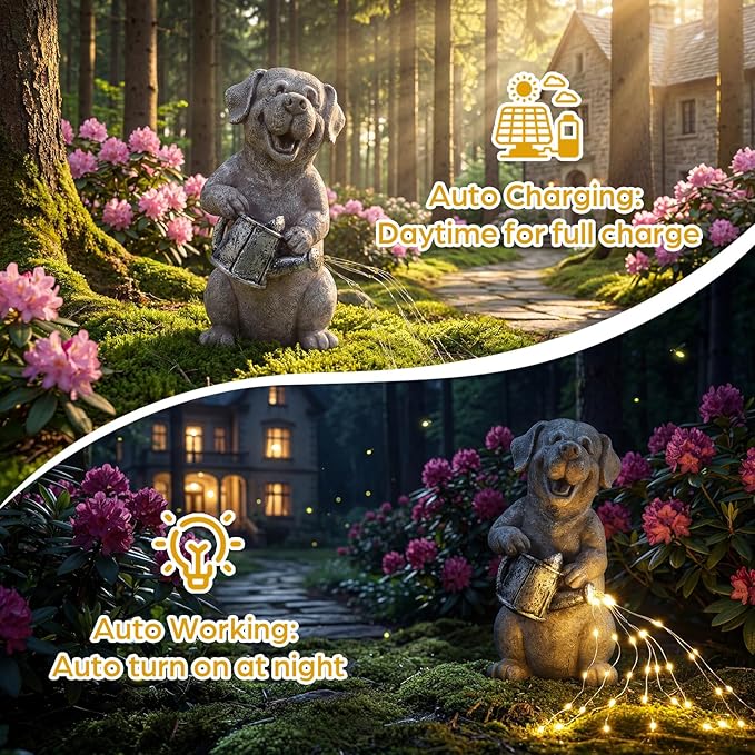 Lavezee Garden Dog Statue with String Lights, Puppy Garden Statue Outdoor for Patio Lawn Porch Walkway, Ideal Gifts for Dog Lovers Women Mom Grandma