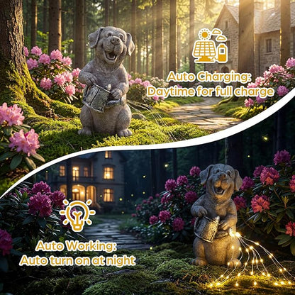 Lavezee Garden Dog Statue with String Lights, Puppy Garden Statue Outdoor for Patio Lawn Porch Walkway, Ideal Gifts for Dog Lovers Women Mom Grandma
