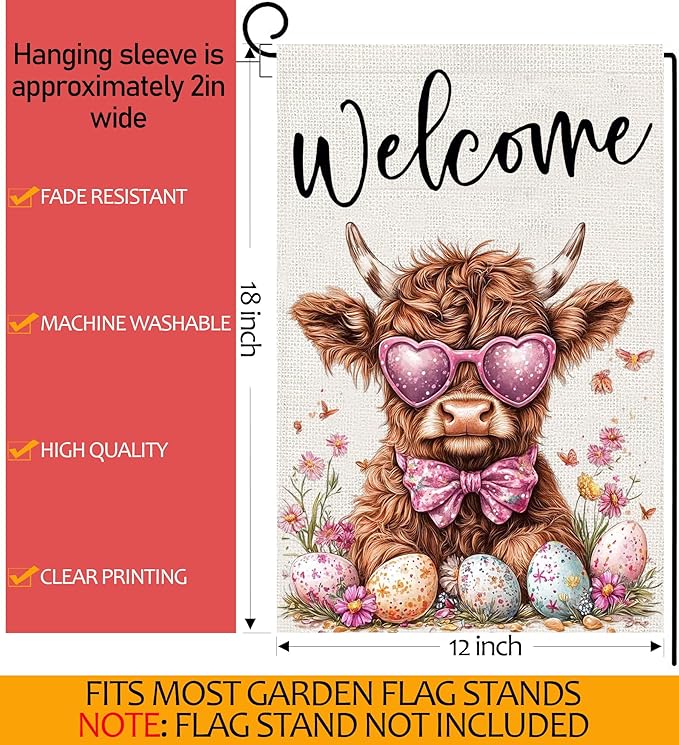 Welcome Cow Garden Flags 12x18 Inch Vertical Double Sided Outside, Easter Eggs Flowers Spring Yard Flag Decor, Holiday Outdoor Decorations for Home