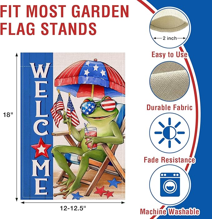 Artofy Welcome 4th of July Frog Small Decorative Garden Flag, Patriotic Beach Chair Sunshade America Yard Lawn Outside Decor, Coastal American USA Burlap Outdoor Home Decoration Double Sided 12 x 18