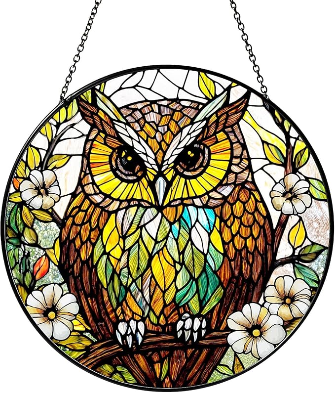 Owl Stained Glass Window Hanging Bird Light Sun Catcher Owls Lover Gifts for Women Christmas Suncatchers for Garden Home Windows Hanging Decoration, 7.87inch