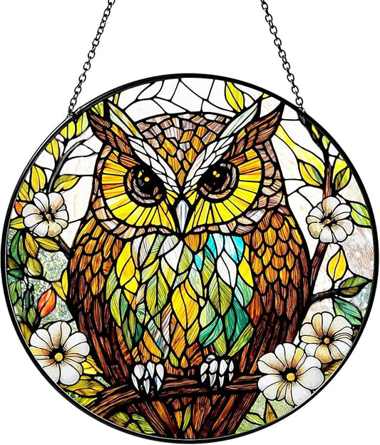 Owl Stained Glass Window Hanging Bird Light Sun Catcher Owls Lover Gifts for Women Christmas Suncatchers for Garden Home Windows Hanging Decoration, 7.87inch