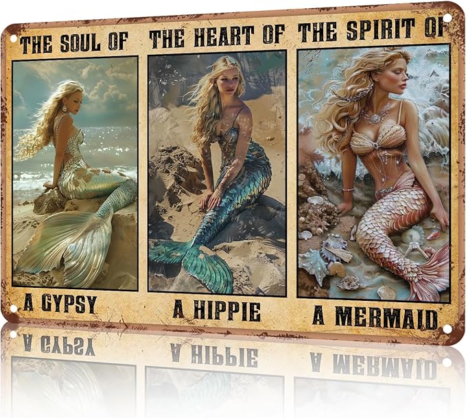 Mermaid Metal Sign The Soul of A Gypsy The Heart of A Hippie Funny Metal Tin Sign Retro Sign Kitchen Wall Poster Cafe Bar Pub Man cave 8x12 inch