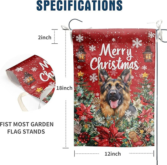 Christmas German Shepherd Garden Flag Merry Christmas Dog Yard Flag for Outside Xmas Flags 12x18 Double Sided Red Poinsettia Garden Flags Winter Porch Decorations Outdoor