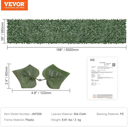 VEVOR Artificial Ivy Privacy Fence Screen, 39 x 198 in Faux Ivy Vine Leaf Hedges Fence, Greenery Privacy Fence with Mesh Cloth Backing, Green Wall Decoration for Outdoor Garden, Yard, Balcony