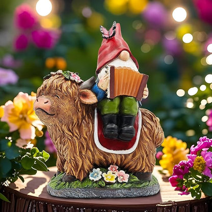 Garden Gnomes Outdoor Statues: 8'' Solar Light Gnome Decor on Highland Cow Play The Accordion Unique Birthday Gifts for Women Mother Grandma