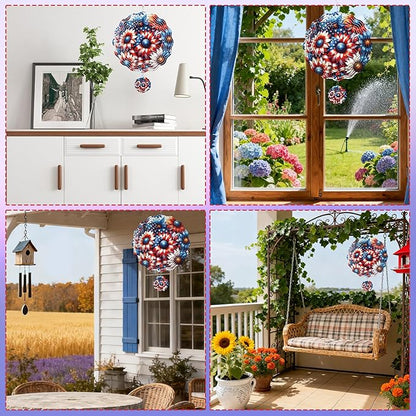 Rngmsi Wind Spinners Outdoor Garden Decor for Outside, 3D Metal Sunflower America Flag Hanging Decor Kinetic Art for Yard, 12 in Stainless Steel Hanging Gifts for Women Housewarming