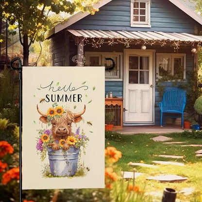 Hello Summer Garden Flag Highland Cow Yard Flag Summer Sunflower Honey Bee Floral Garden Flags Farmhouse Rustic Green Leaf House Banner for Seasonal Double Sided 12x18 Inch Outdoor Decoration