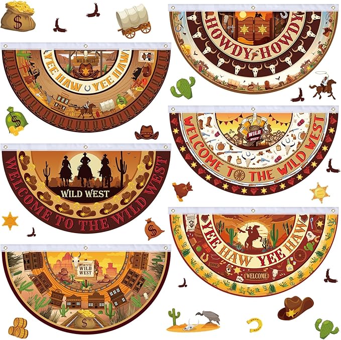 6 Pcs Western Party Decorations Cowboy Bunting Fan Flags Wild West Cowboy Hanging Half Fan Banners 1.5 x 3ft Rustic Country Cowgirl Bunting Decor for Outdoor Indoor Garden Yard Western Party