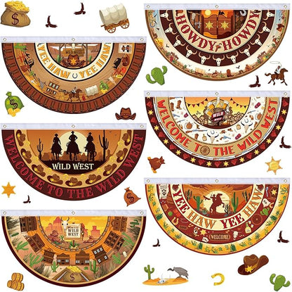 6 Pcs Western Party Decorations Cowboy Bunting Fan Flags Wild West Cowboy Hanging Half Fan Banners 1.5 x 3ft Rustic Country Cowgirl Bunting Decor for Outdoor Indoor Garden Yard Western Party
