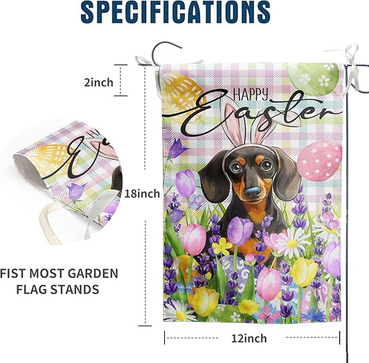 Happy Easter Dog Garden Flag Dachshund Spring Flags Buffalo Plaid Bunny Eggs Yard Flag for Outside 12x18 Double Sided Small Decorative Floral Outdoor Flag